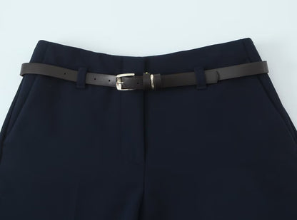 2025 summer new women's comfortable commuting rolled-up trousers with belt simple casual trousers