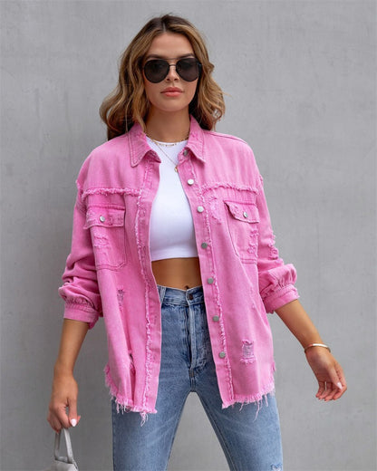 2025 Holes Raw-edges Denim Jacket Women Spring Autumn Shirt Style Jeancoat Casual Top Rose-Red Orange Purple Outerwear Lady Coat