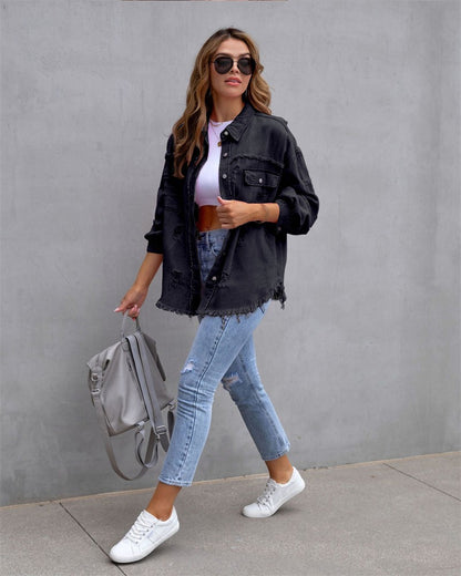2023 Holes Raw-edges Denim Jacket Women Spring Autumn Shirt Style Jeancoat Casual Top Rose-Red Orange Purple Outerwear Lady Coat