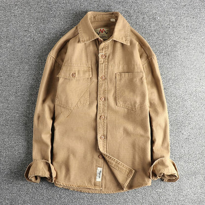2025 Spring and Autumn New American Retro Woven Twill Cargo Shirt Men's Simple 100% Cotton Washed Double Pocket Causal Blousers