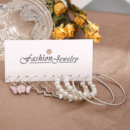 Brincos Grandes de Argola Redonda Cor Prata com Pérolas para Mulheres e Meninas, Brincos Pendentes de Cobra e Borboleta, Conjunto de Joias Y2K Femininas