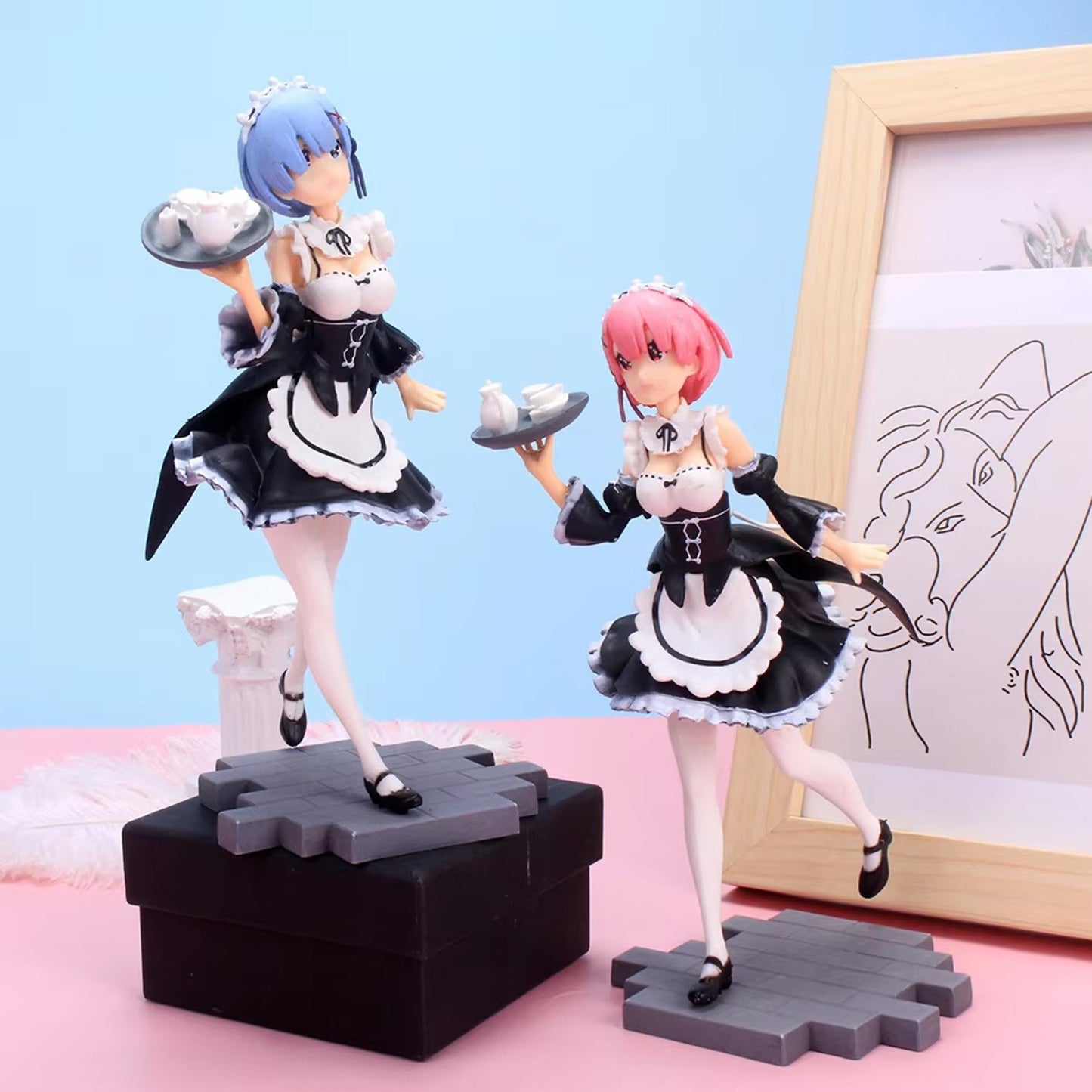 Re:Zero Rem & Ram Figure Set - Maid Costume with Tray, Standing Pose, Detailed Collectible Models for Collection & Display