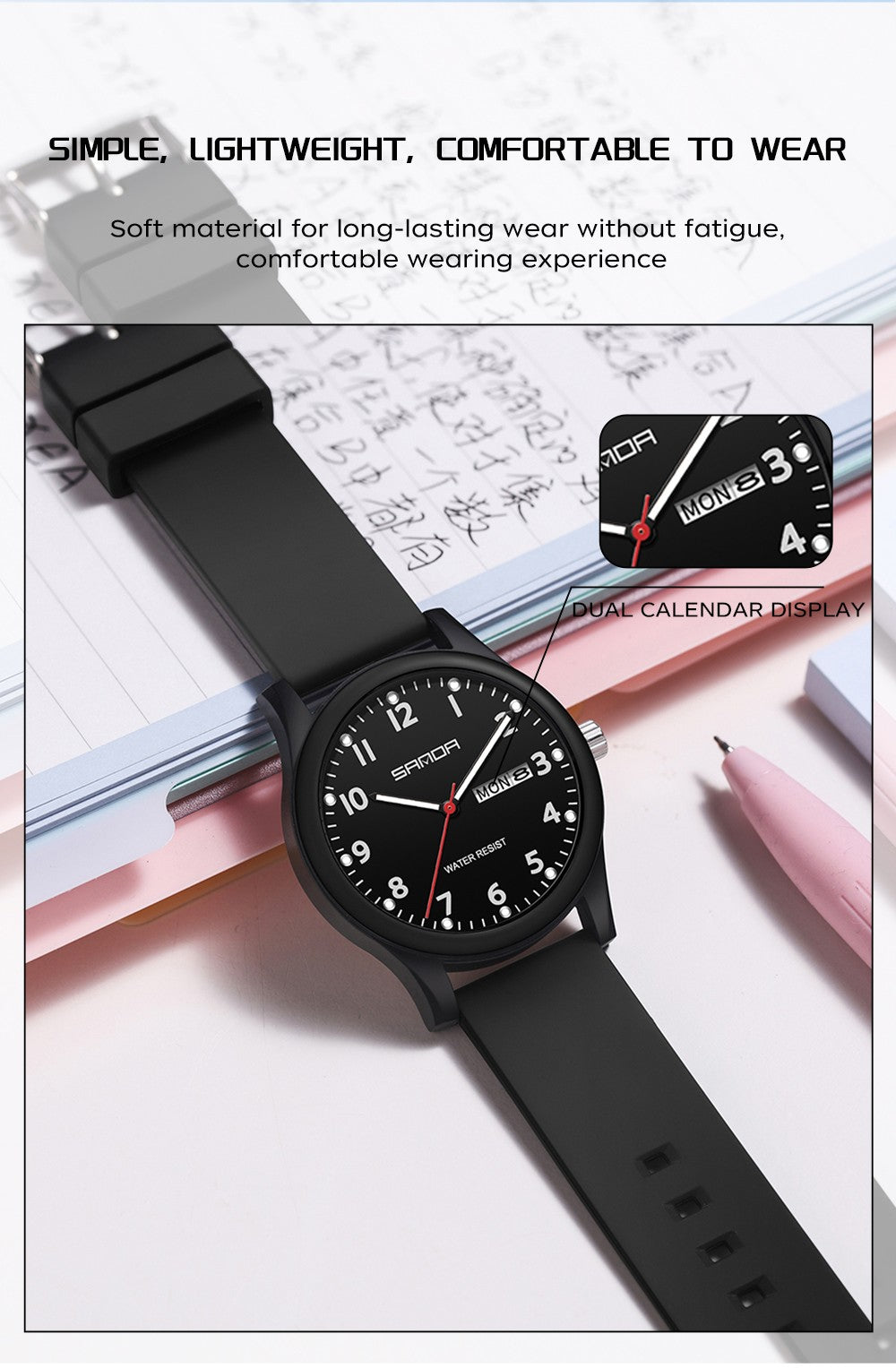 SANDA 3263 Fashion Casual Men Watch Silicone Strap Waterproof Luminous Clock Unisex Wristwatch Date Week Sport Man Watches