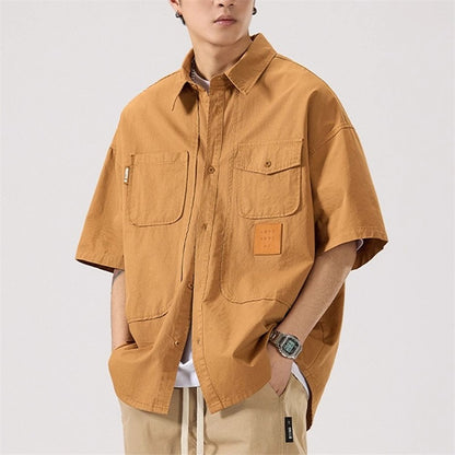 2025 Summer Men's Multi-pocket Oversized Short Sleeve Shirts High Street Fashion Cargo T-shirt New American Casual Y2K Shirt