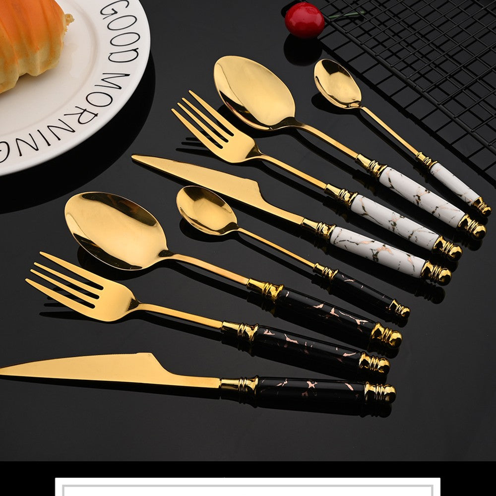 New Green Gold Ceramic Handle Dinnerware Cutlery Set Stainless Steel Tableware Western Knife Fork Spoon Flatware Silverware Set