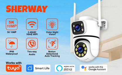 Câmera IP WIFI Tuya 5K 10MP Externa 5G Wifi Câmera PTZ de Lente Dupla Onvif Vigilância CCTV Rastreamento AI Alexa/Câmera de Segurança Goggle