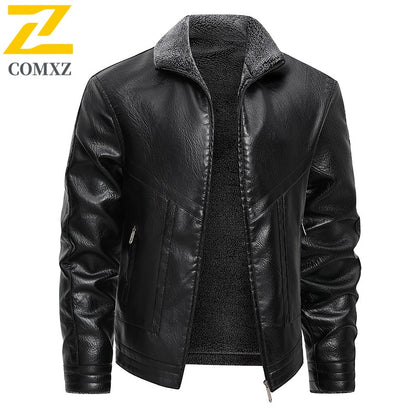 2025 veluokldly Leather Jacket Man Winter Motocross Windproof Warm PU Leather Coat chaqueta Male Trendy Motorcycle Fleece Coats