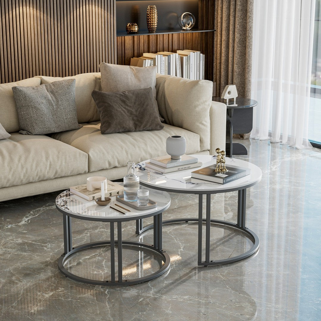 Nested Coffee Table: Set of 2 Modern Round Nesting Coffee Table Sintered Stone-top Stacking Sofa Accent Table for Living Room