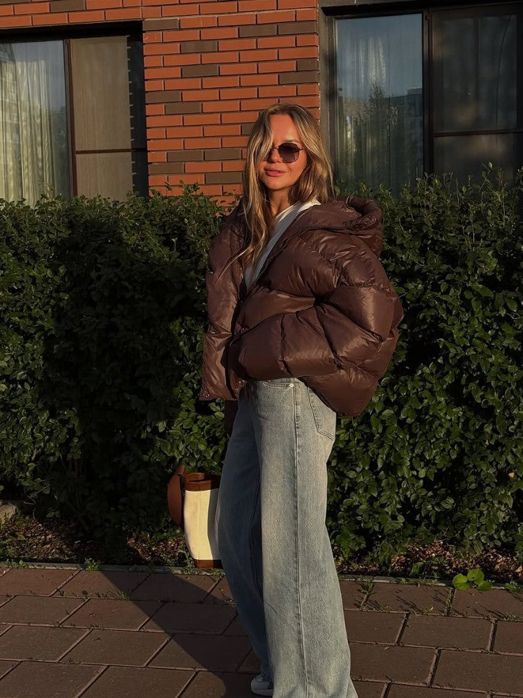 Women Brown Hooded Cotton Coat Fashion Lapel Full Sleeve Zipper Button Warm Loose Short Coats Lady Winter Casual Street Outwear