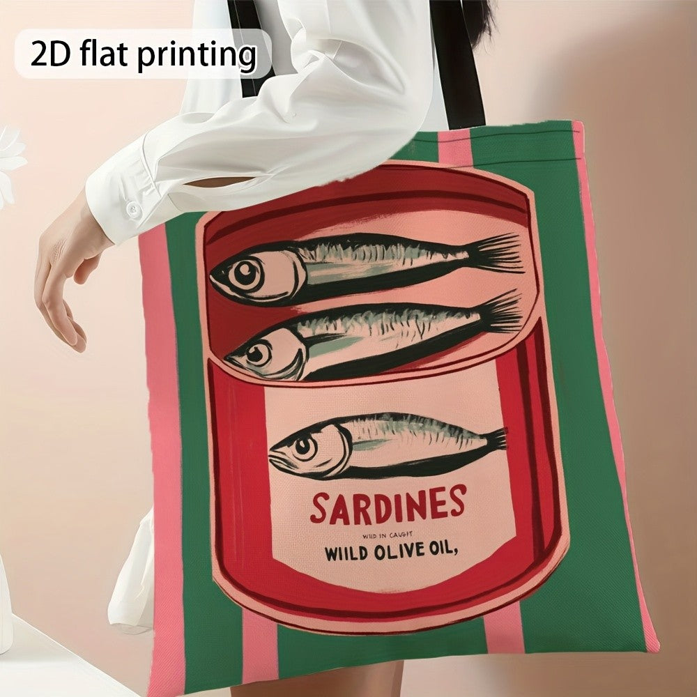 1pc Canned Sardines Durable Polyester Tote Bag - High-Quality Printed Design, Ideal for Work, Travel