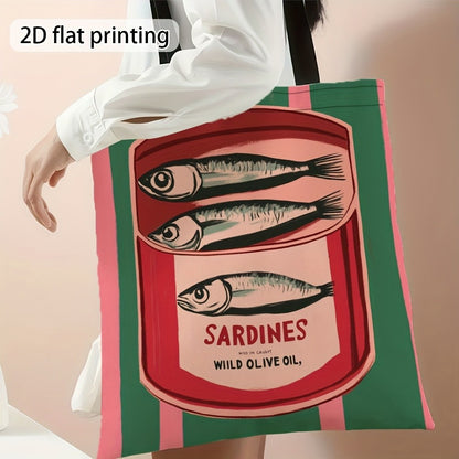 1pc Canned Sardines Durable Polyester Tote Bag - High-Quality Printed Design, Ideal for Work, Travel