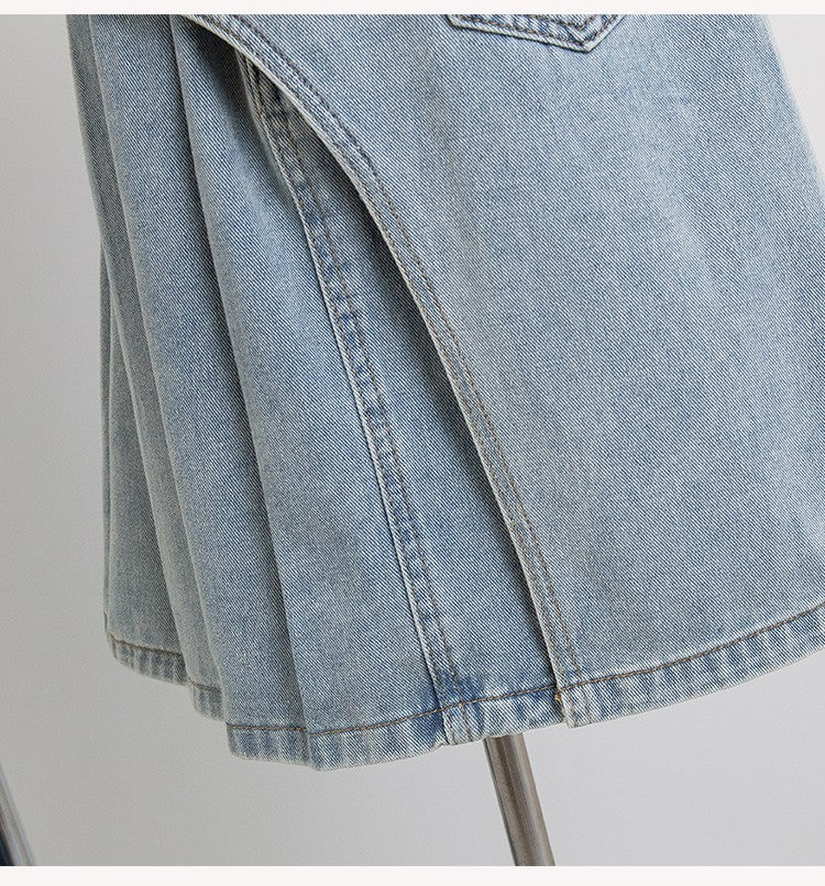 Plus Size Denim A Line Skirt With Lining 2024 Summer New Korean Fashion Pleated Midi Jean Skirt Woman Blue Color Jeans Skirts