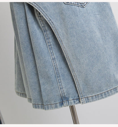 Plus Size Denim A Line Skirt With Lining 2024 Summer New Korean Fashion Pleated Midi Jean Skirt Woman Blue Color Jeans Skirts
