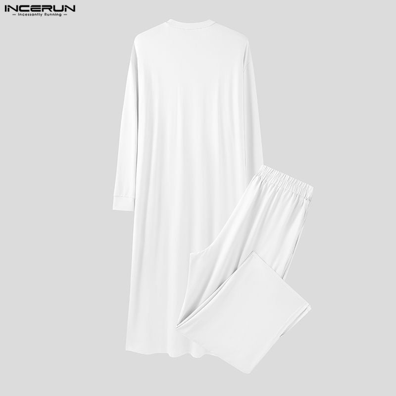 INCERUN Men Sets Solid Color Long Sleeve Long Style T Shirt & Pants Two Pieces Sets Loose Streetwear Fashion Casual Men Suits