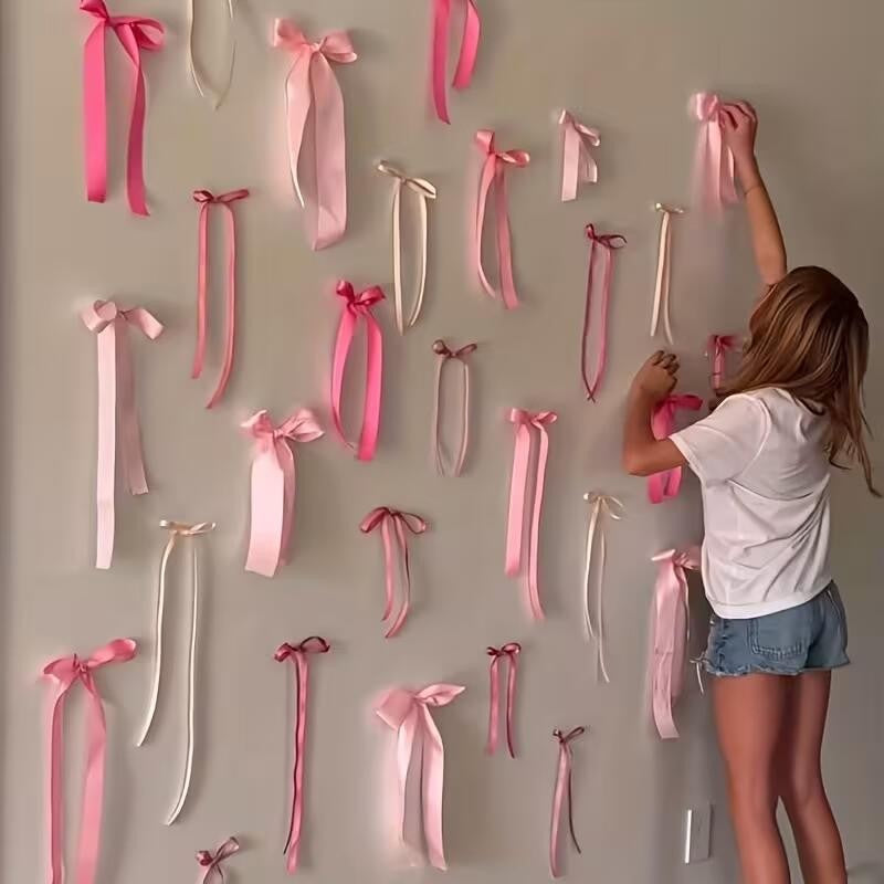 20Pcs Pink Bow Wall Decor, DIY Bow Photo Backdrop for Birthday Wedding Bachelorette Party Home Room Decoration DIY Gifts Ribbon