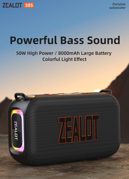 Caixa de som Bluetooth portátil 3D Zealot-S85 50W com diafragma duplo e alça à prova d'água IPX6 para ambientes externos