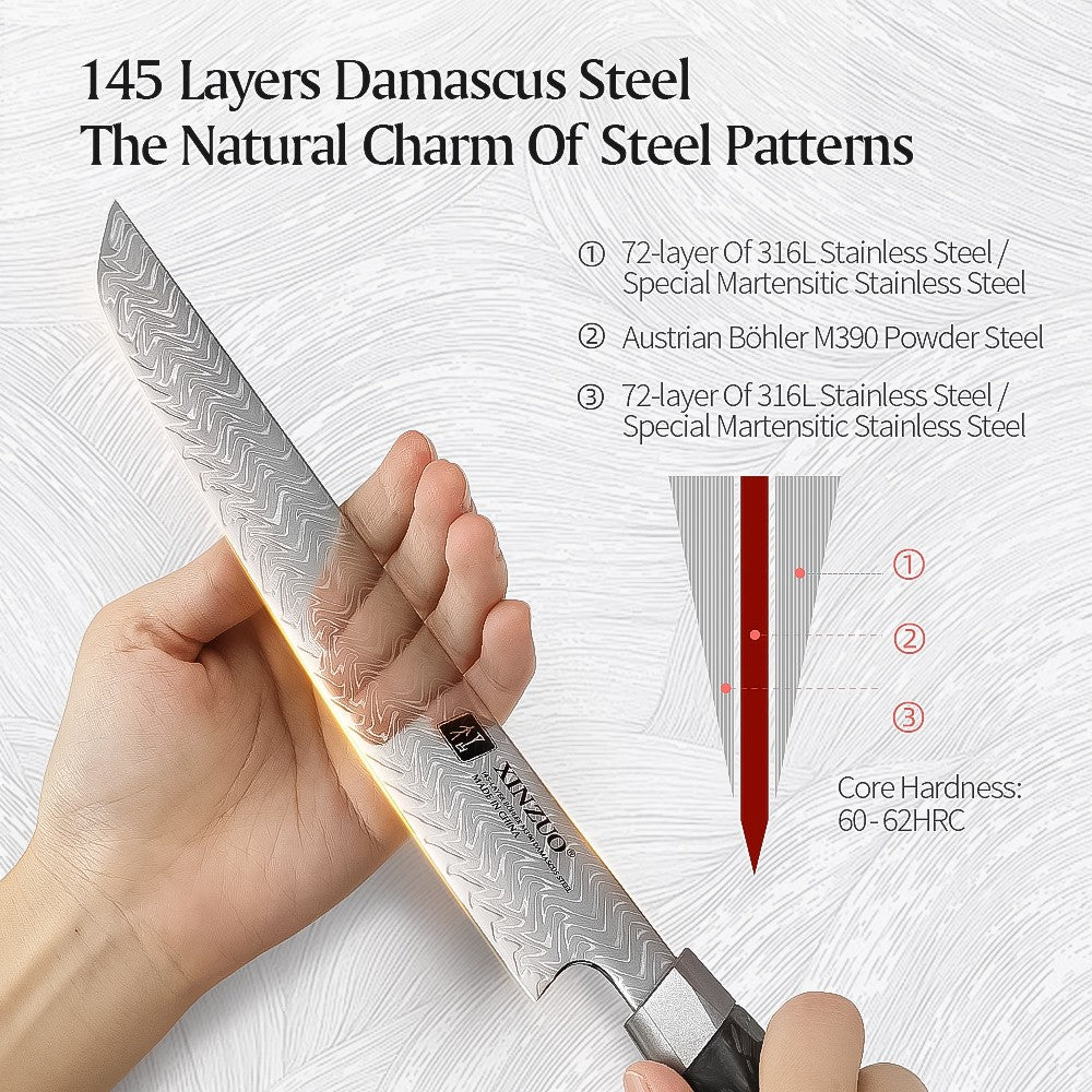 XINZUO 8.46-inch Damascus Carving Knife 145-layer M390 steel 60-62HRC carbon fiber handle 6.0-8.0N sharpness rust-resistant
