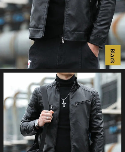Men's Fleece Lined Biker Jacket Stand Collar Casual Versatile Spring Autumn Leather Coat for Students Fashionable Outerwear