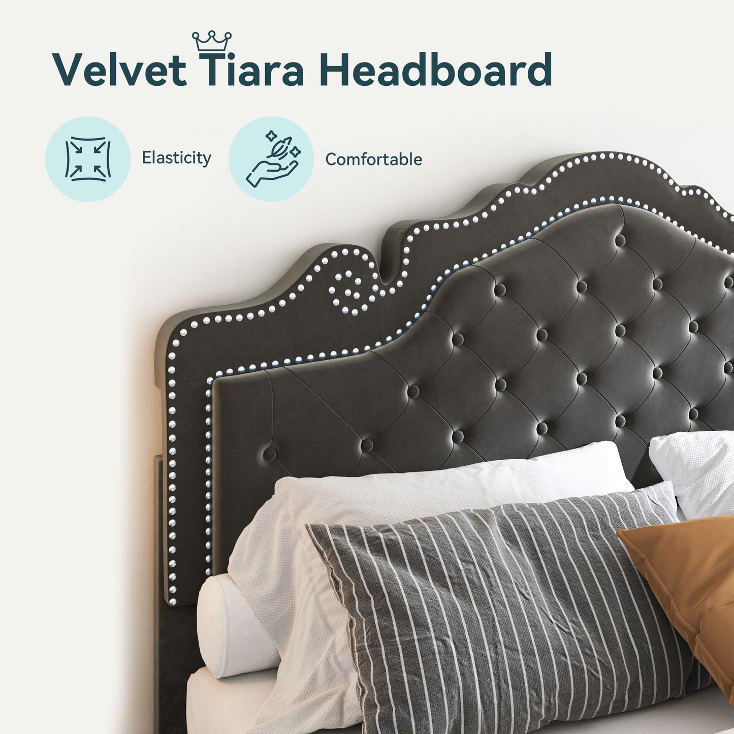Base de Cama de Veludo HOOMIC nos Tamanhos Casal/Queen/King com Cabeceira Tiara Ajustável, Cama Plataforma Estofada com Capitonê de Diamante