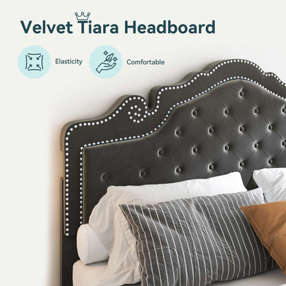 Base de Cama de Veludo HOOMIC nos Tamanhos Casal/Queen/King com Cabeceira Tiara Ajustável, Cama Plataforma Estofada com Capitonê de Diamante