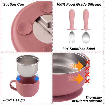 5PCS Stainless Steel Dishes Plate Baby Feeding Set With Detachable Silicone Sucker Bowl BPA Free Infant Fork Spoon Cup Gifts