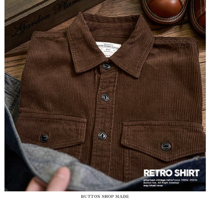 Autumn and Winter New American Retro Thick Corduroy Solid Color Cargo Shirt Men's Pure Cotton Long-sleeved Pocket Casual Blouses