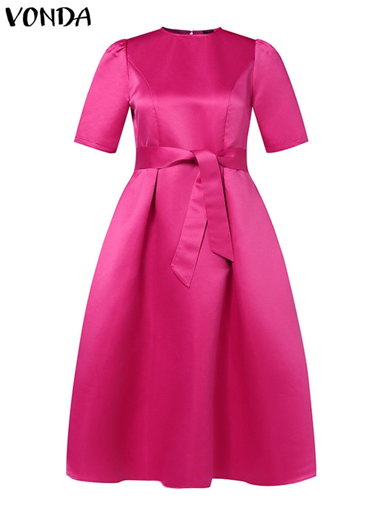 VONDA Elegant Women Satin Short Sleeve Midi Dress 2024 Summer Vestidos Casual Be
