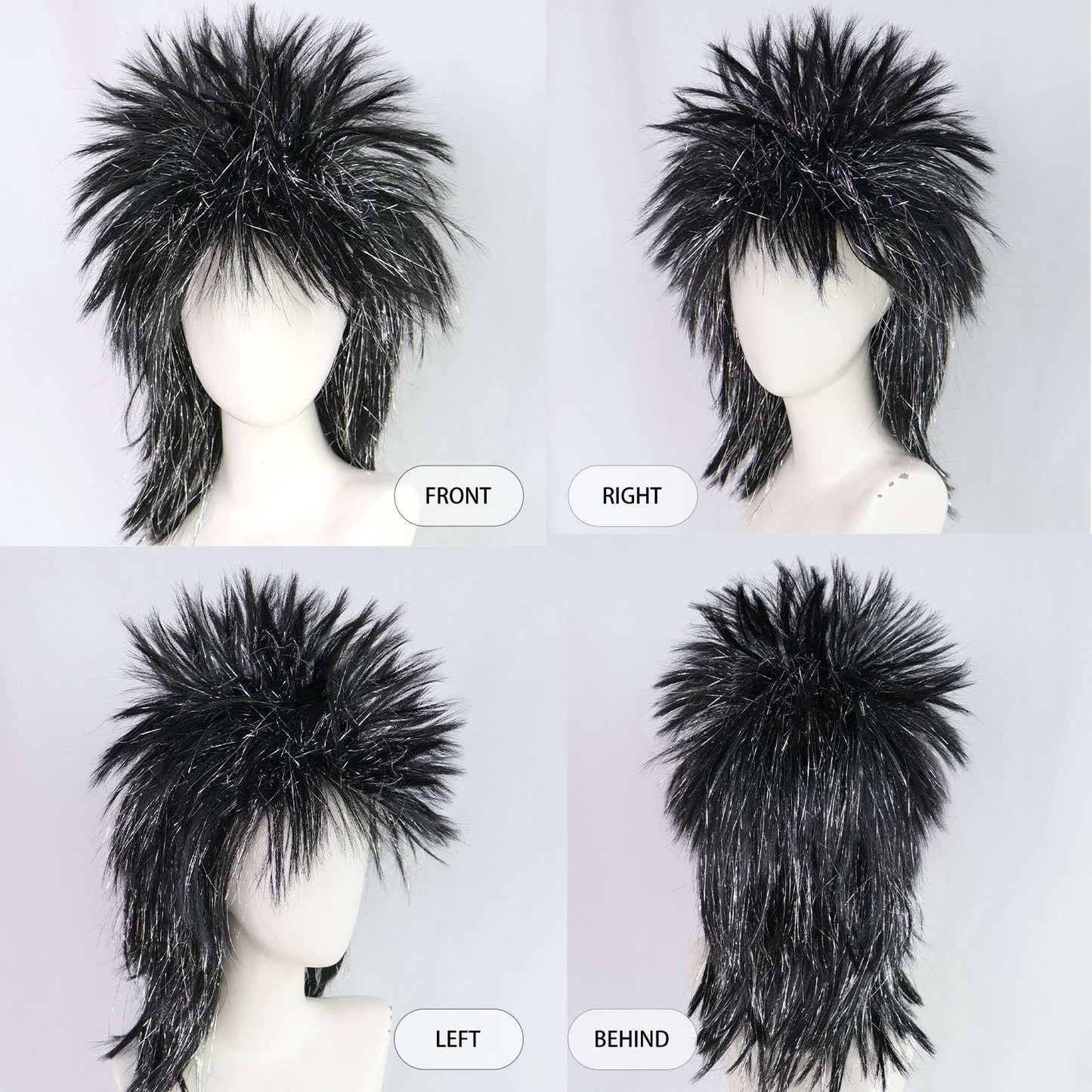 Men's/Women's Synthetic Black Silver Spiky Mullet Wig - 80s Punk Rock Style, for Costume Parties, Cosplay & Retro Fashion