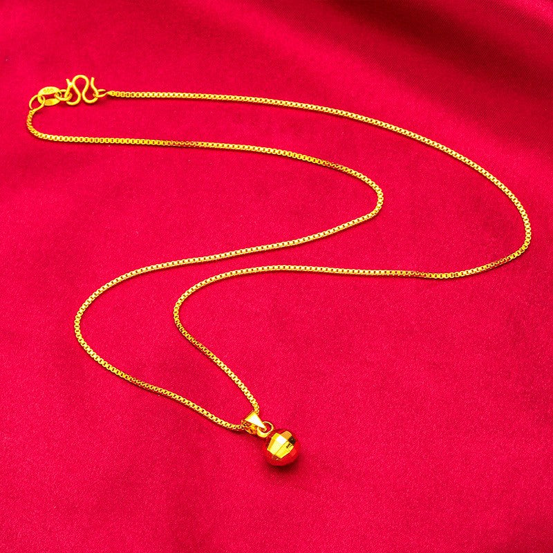 24K Gold AU999 Women's Thin Bead Earrings-Necklace Set-Polished Gold Beads in Arc, Thin Chain Flattering, Luxury Daily Versatile