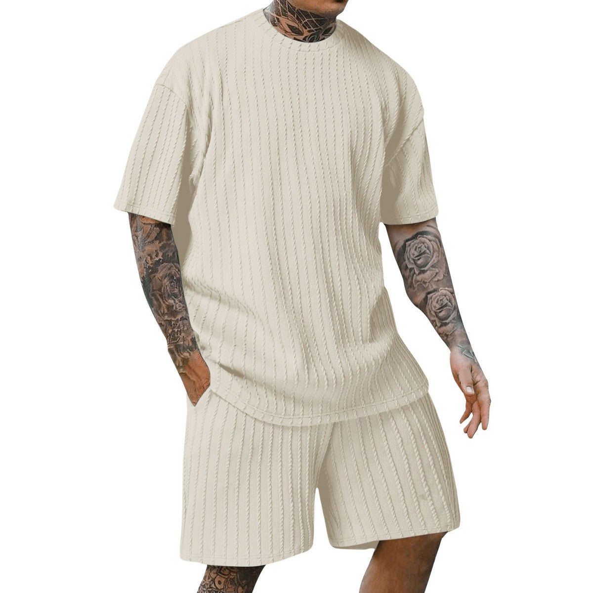 Men's new fashion summer sports solid color crew-neck vertical stripe T-shirt shorts short-sleeved suit Loose two-piece set
