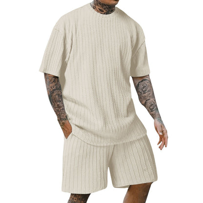 Men's new fashion summer sports solid color crew-neck vertical stripe T-shirt shorts short-sleeved suit Loose two-piece set