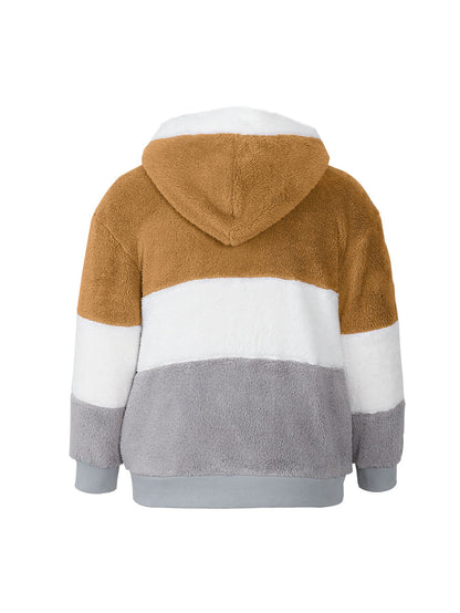 Plus Size Autumn/Winter New Arrivals Women's Autumn/Winter Drop-Shoulder Long-Sleeved Colour-Block Patchwork Fleece Hooded Jacke