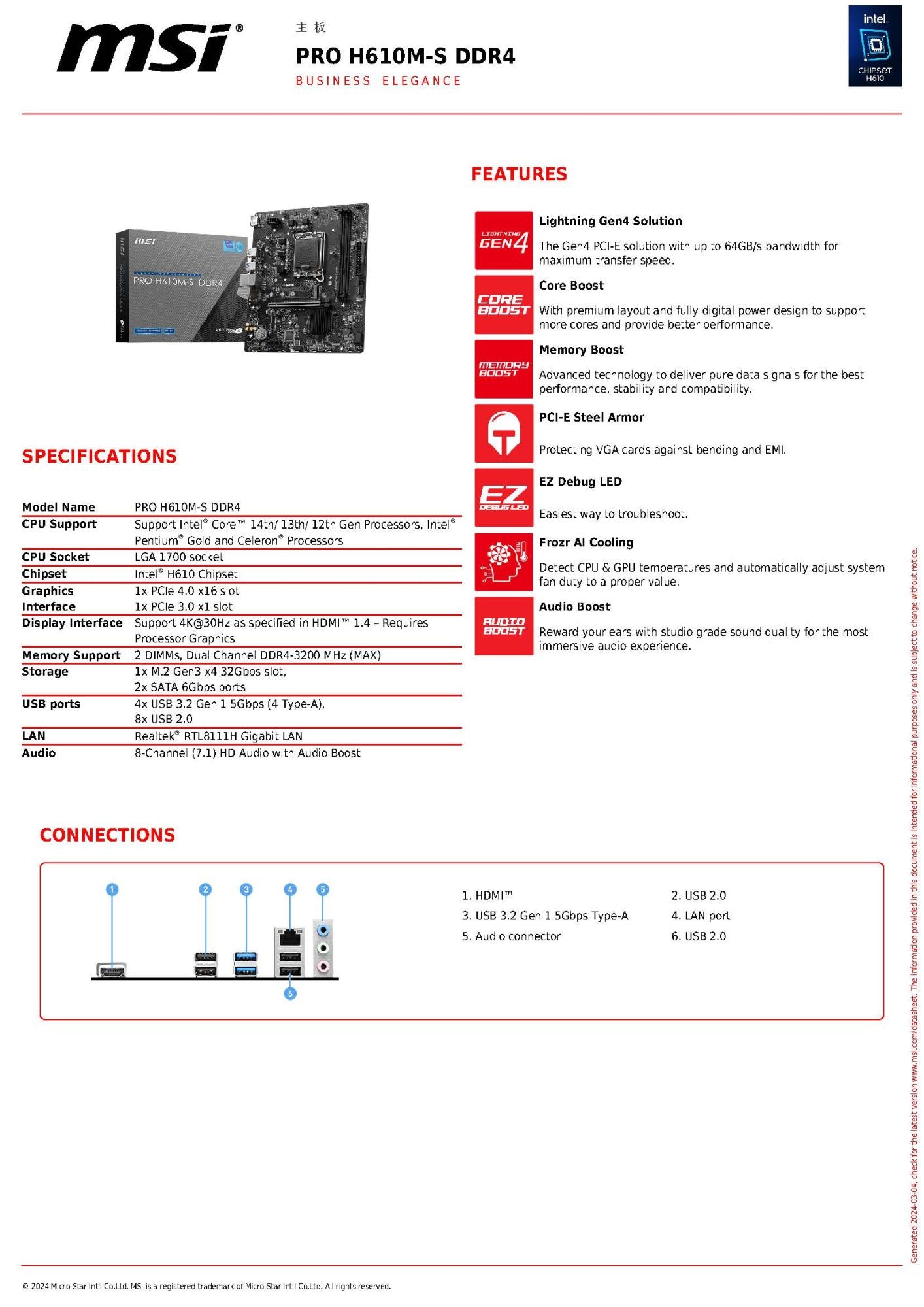 MSI PRO H610M-S DDR4 INTEL H610 Support Intel Core 14th/13th/12th Gen Processors Pentium Gold and Celeron LGA 1700 motherboard