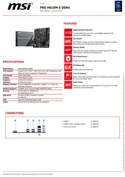 MSI PRO H610M-S DDR4 INTEL H610 Support Intel Core 14th/13th/12th Gen Processors Pentium Gold and Celeron LGA 1700 motherboard