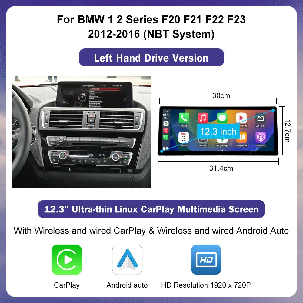 12.3inch Ultra Thin Screen For BMW 1/2/3/4 Series F20 F21 F22 F23 F30 F31 F33 F36 CIC/NBT/EVO Wireless CarPlay Multimedia Radio