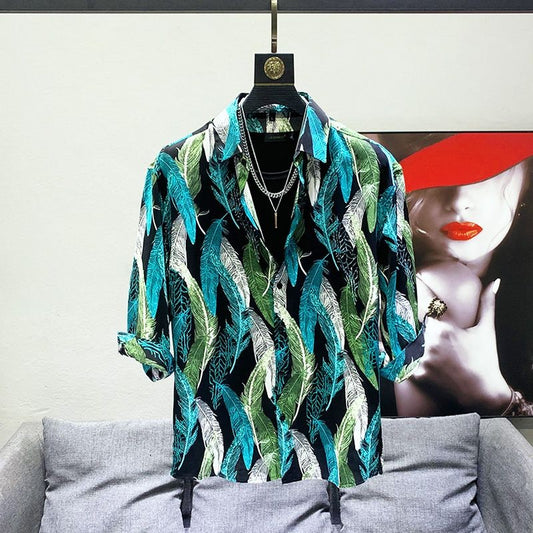 Retro Feather Print Quarter-sleeved Shirt Men's New Korean Style Slim Design Niche Mid-sleeved Floral Shirt