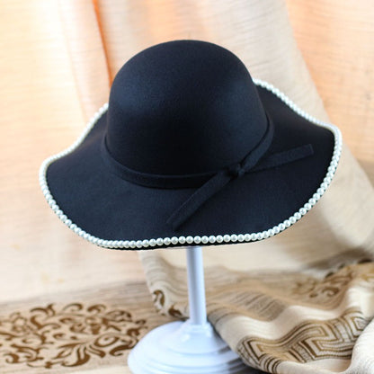Chapéu-coco de lazer retrô feminino de outono e inverno, edição coreana, moda, guarda-sol, pérola, chapéu de lã, para desfiles e passeios de outono