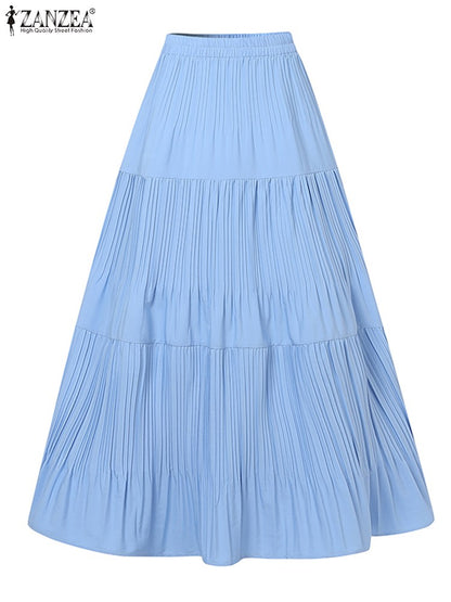 ZANZEA Plus Size 5XL Women Maxi Skirts 2025 Autumn Elastic Waist Pleated Long Skirt Casual Solid Color High Waist Ruffled Skirts