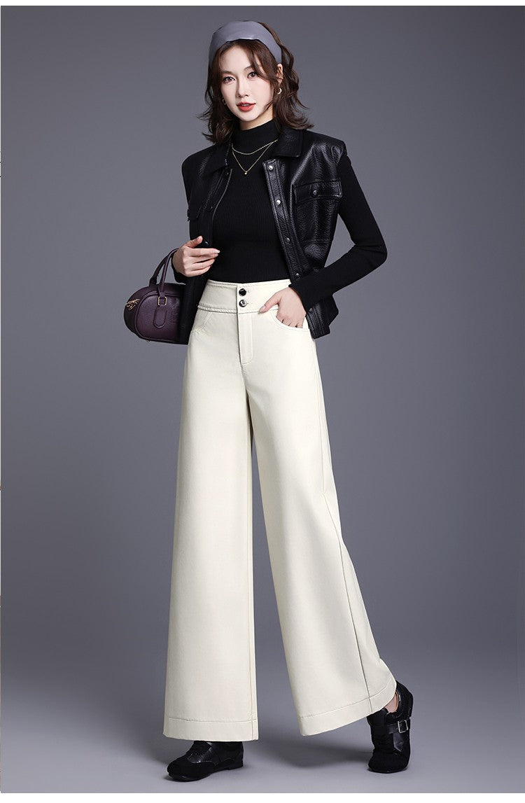 ZUZK High Quality Women PU Leather Wed Leg Pants  Autumn Winter Fashion Warm Long Leather Pants Elegant LeatherTrousers