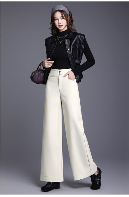 ZUZK High Quality Women PU Leather Wed Leg Pants  Autumn Winter Fashion Warm Long Leather Pants Elegant LeatherTrousers