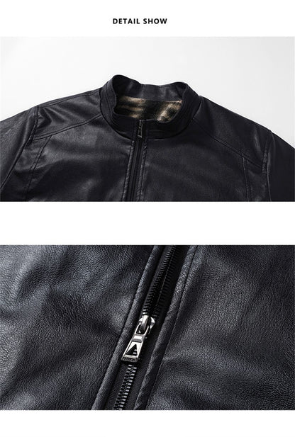 2025 New Men's autumn thin velvet leather jacket, warm and retro men's motorcycle jacket, outdoor casual PU leather jacket