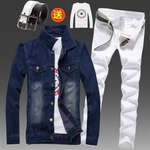 Men's Slim Fit Denim Jacket Pants 2pcs Set Long Sleeve Coats Letters Printed Casual Large Size Black White Red Boys Trousers