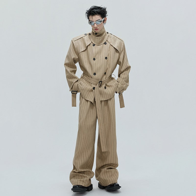 LUZHEN Fashion Stripe Printed Stand Neck Double Breasted Male Coat 2025 Autumn New Handsome Straight Casual Trousers Men JY4780