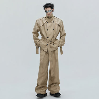 LUZHEN Fashion Stripe Printed Stand Neck Double Breasted Male Coat 2025 Autumn New Handsome Straight Casual Trousers Men JY4780