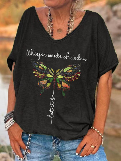 Ilstile Retro Hippie Butterfly T-Shirt Women Whisper Words Of Wisdom Print V-Neck Short Sleeve Loose Casual Summer Top