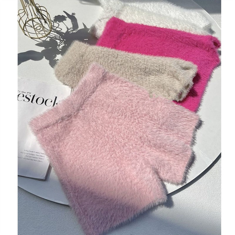 Women's Autumn Winter Faux Mink Hair Shorts Sweet Soft High Waist Slim Hairy Elasticity Shorts Fashion Knitting Homewear Shorts