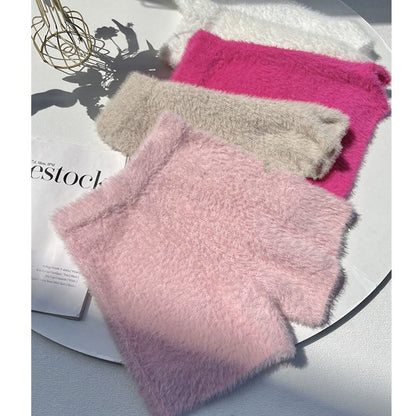 Women's Autumn Winter Faux Mink Hair Shorts Sweet Soft High Waist Slim Hairy Elasticity Shorts Fashion Knitting Homewear Shorts