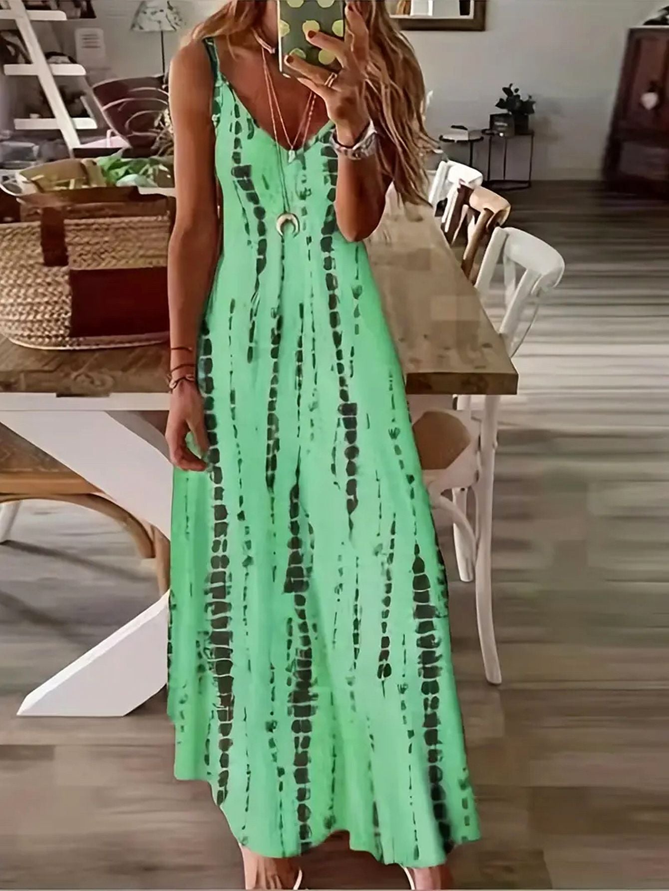 Women's Casual Loose V-neck Tie Dye Printed Spaghetti Maxi Dress Summer Beach Va