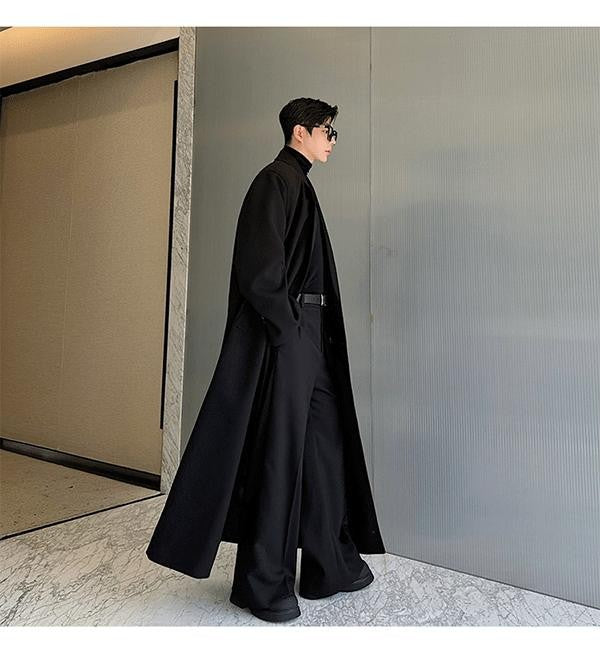 Mauroicardi Spring Autumn Extra Logn Black Oversized Flowy Soft Trench Coat for Men with Back High Slit Loose Casual Overcoat