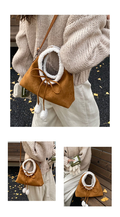 Faux Suede Solid Color Bow Hairy Cute Women's Handbags Christmas Gift Giving Fashion Bags 2025 Autumn/winter New Shoulder Bags